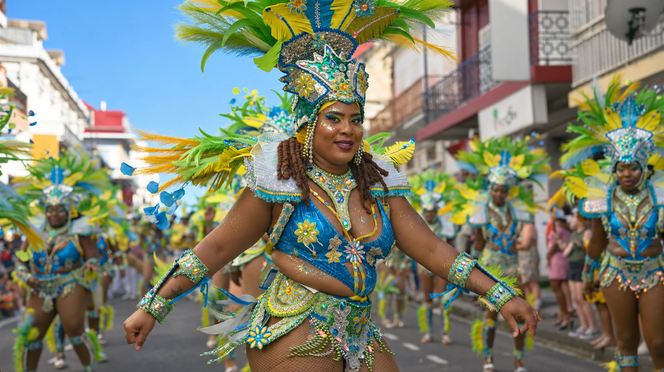 Documentaire : danseuse costumée pendant un défilé de carnaval
